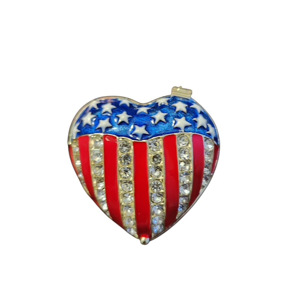 Heart-Shaped American Flag Trinket Jewelry Proposal Ring Box Rhinestone Enamel